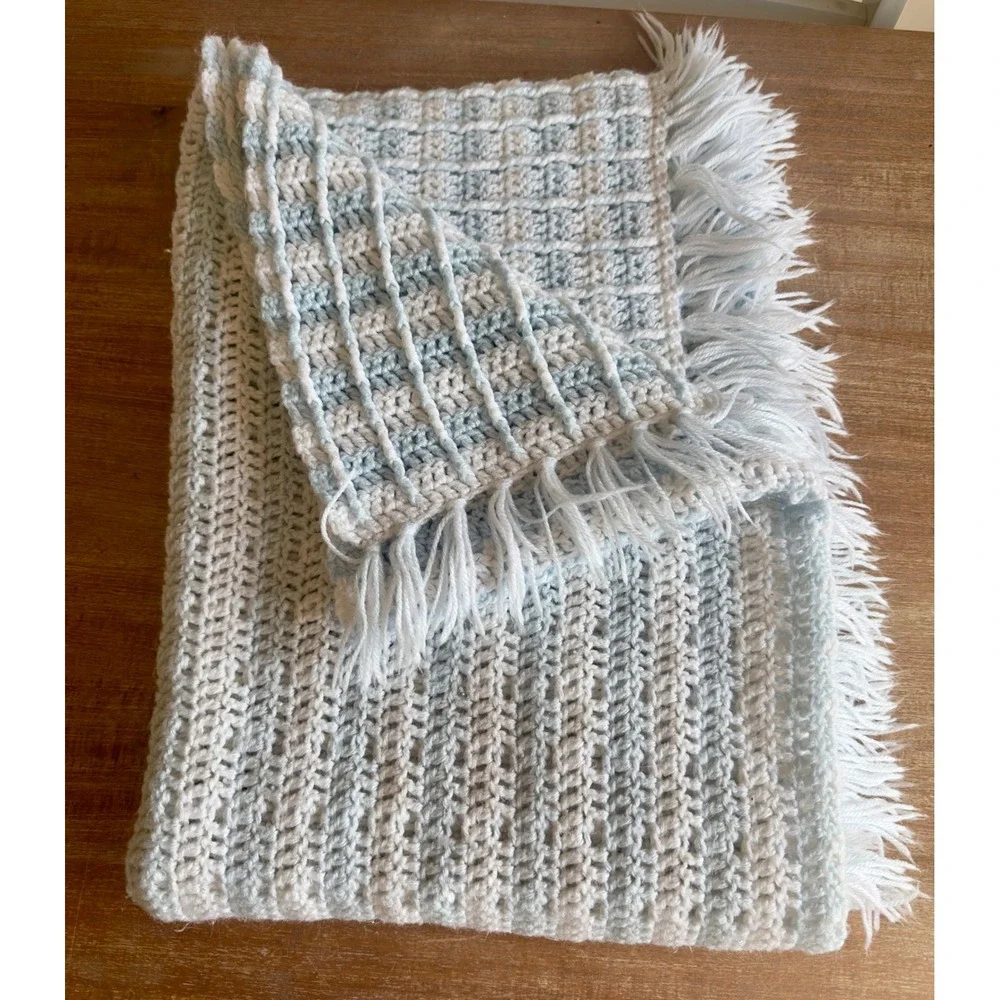 Handmade Crochet Baby Blanket Light Blue White Waffle Stitch Fringe Afghan 40x54